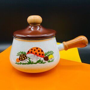 Vintage 70s Merry Mushrooms Enamel Fondue Pot Wood Handle, Retro Cottagecore